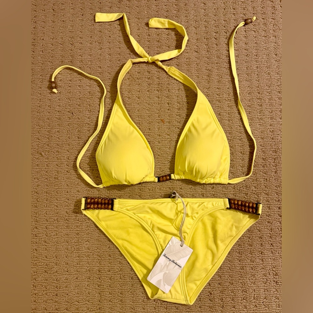 NWT Tommy Bahama Yellow Beaded Triangle Bikini, bottoms Sz Med, top Sz Lge